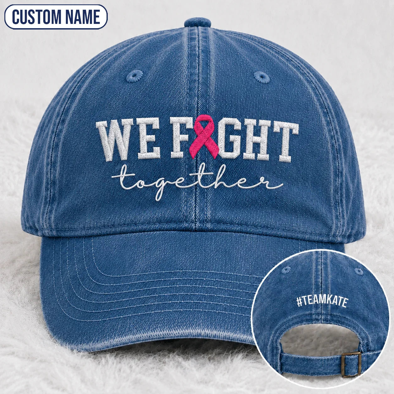 Personalized We Fight Together Pink Ribbon Embroidered Washed Cap, Awareness Gift