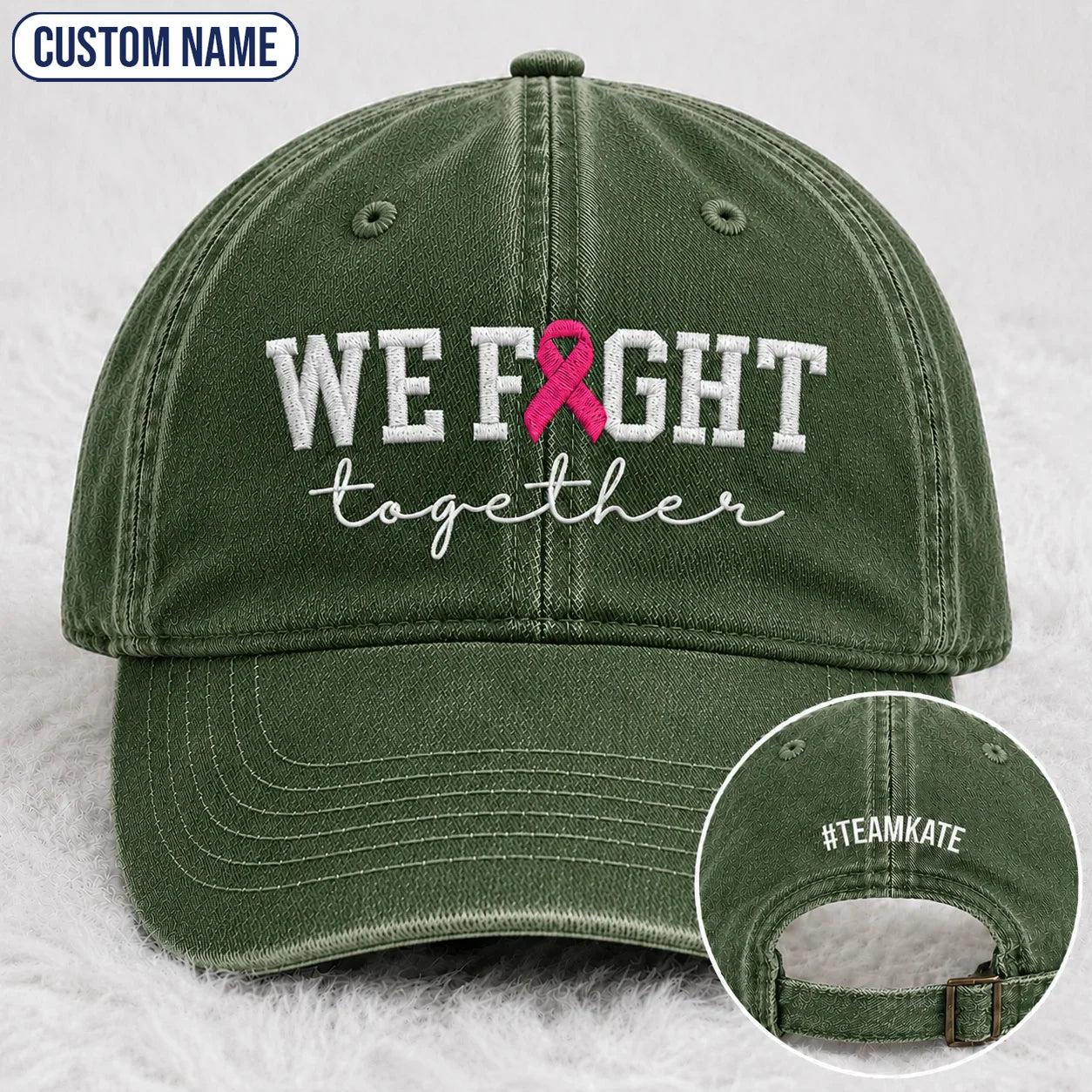Personalized We Fight Together Pink Ribbon Embroidered Washed Cap, Awareness Gift