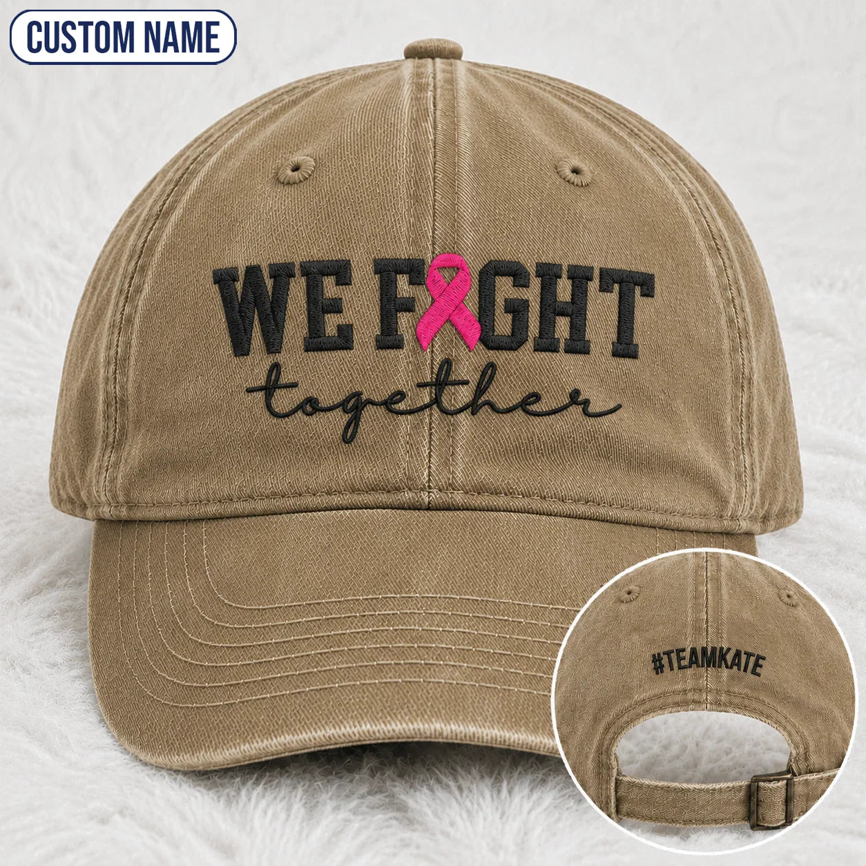 Personalized We Fight Together Pink Ribbon Embroidered Washed Cap, Awareness Gift