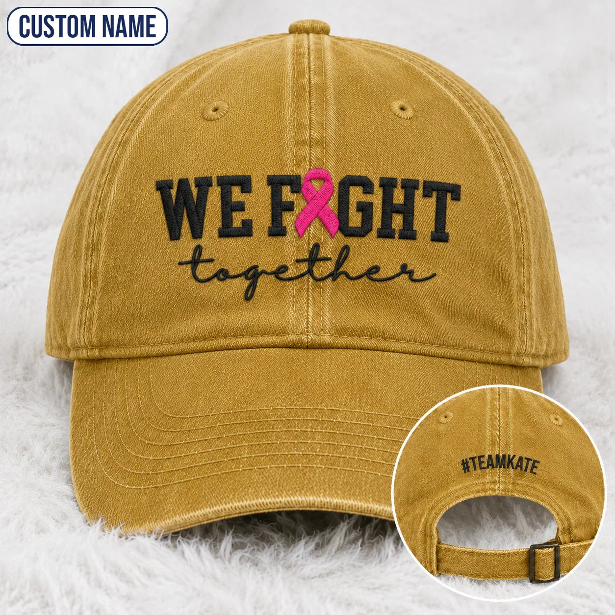 Personalized We Fight Together Pink Ribbon Embroidered Washed Cap, Awareness Gift