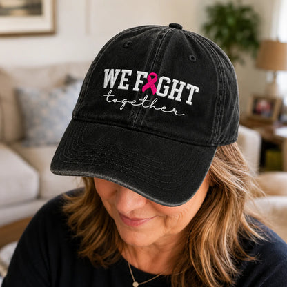 Personalized We Fight Together Pink Ribbon Embroidered Washed Cap, Awareness Gift