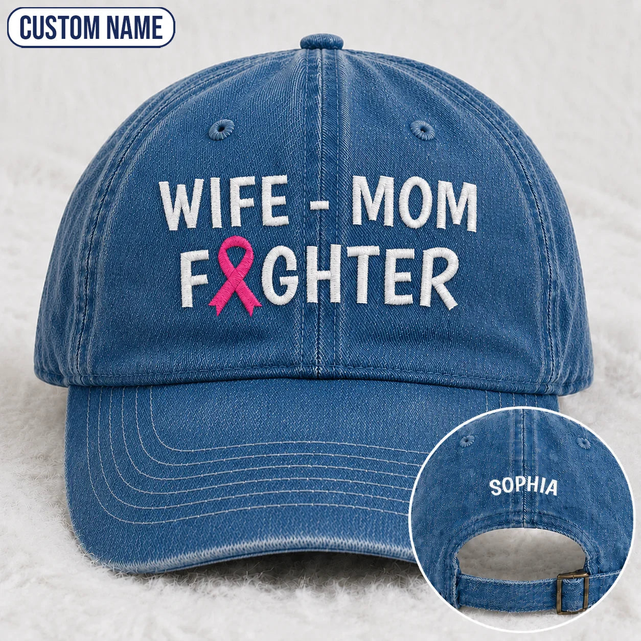 Personalized Wife Mom Fighter Pink Ribbon Embroidered Washed Cap, Awareness Gift