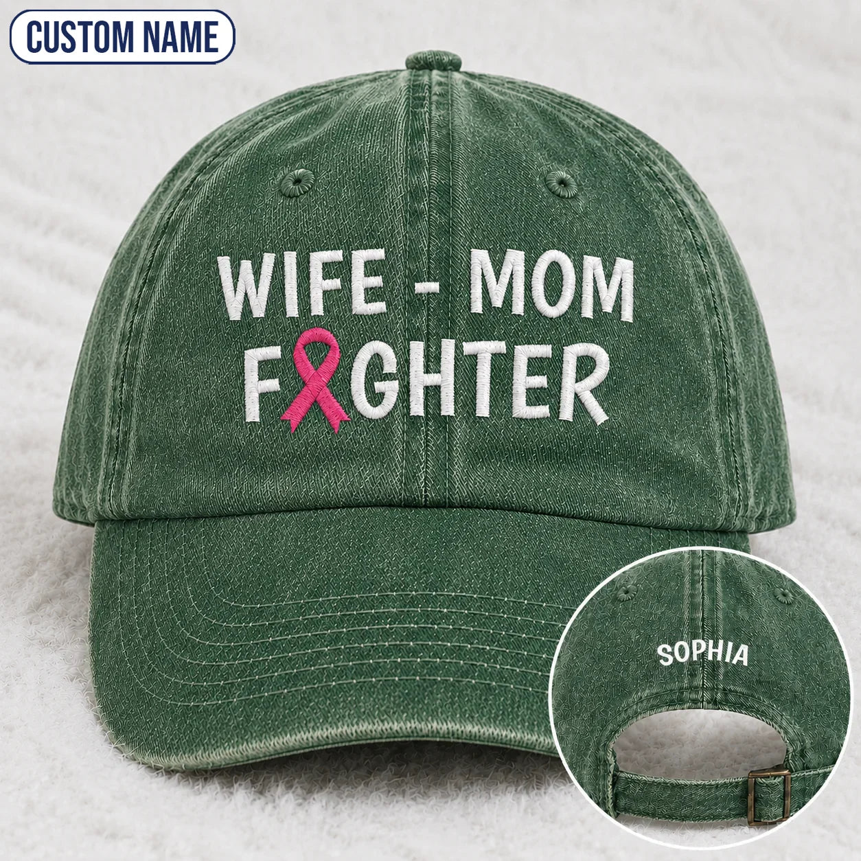 Personalized Wife Mom Fighter Pink Ribbon Embroidered Washed Cap, Awareness Gift