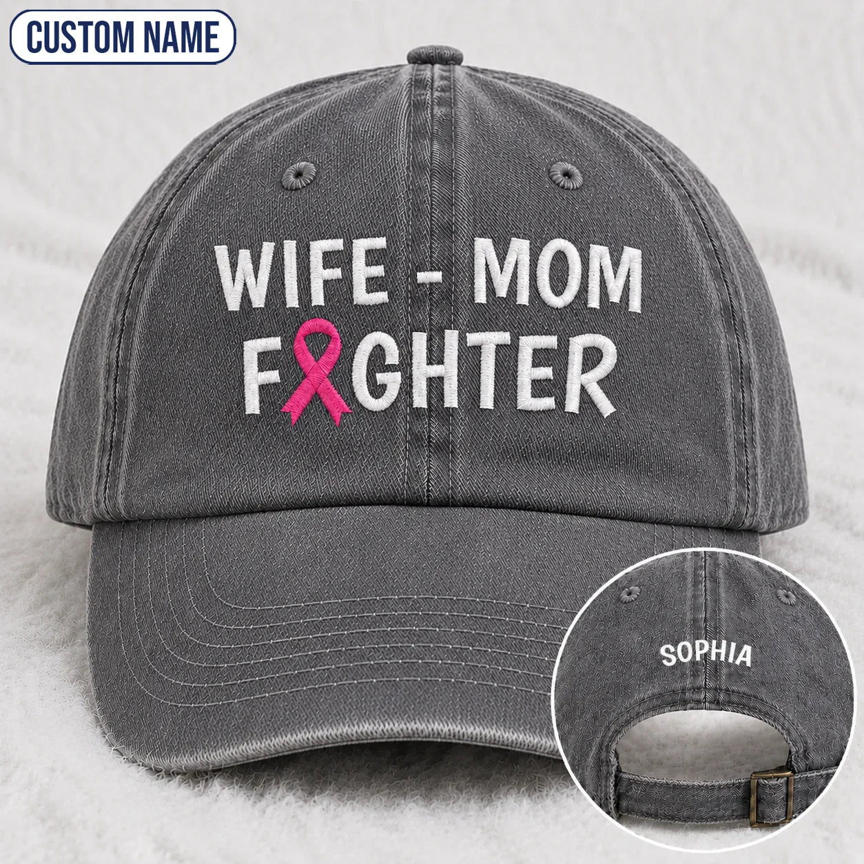 Personalized Wife Mom Fighter Pink Ribbon Embroidered Washed Cap, Awareness Gift