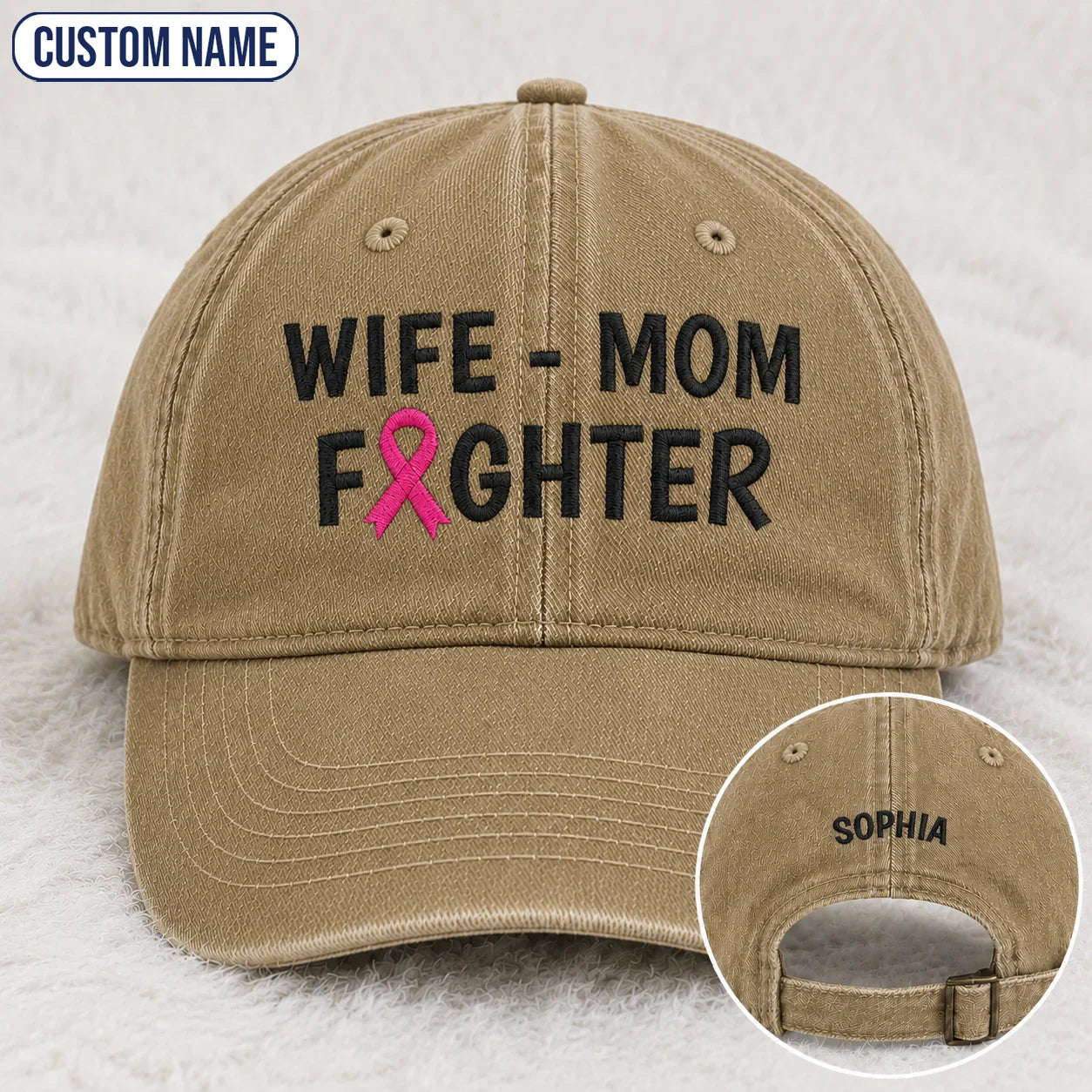 Personalized Wife Mom Fighter Pink Ribbon Embroidered Washed Cap, Awareness Gift