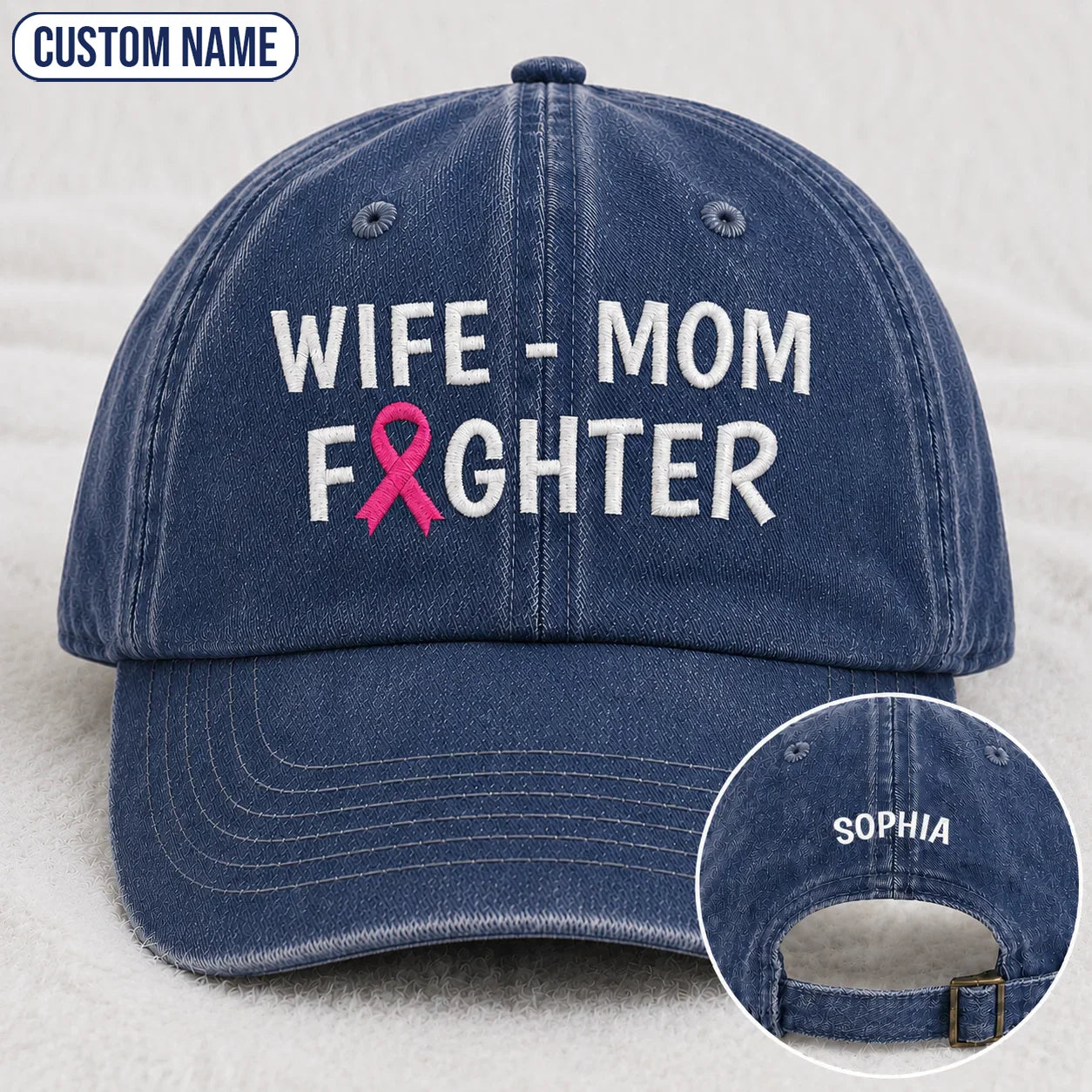 Personalized Wife Mom Fighter Pink Ribbon Embroidered Washed Cap, Awareness Gift