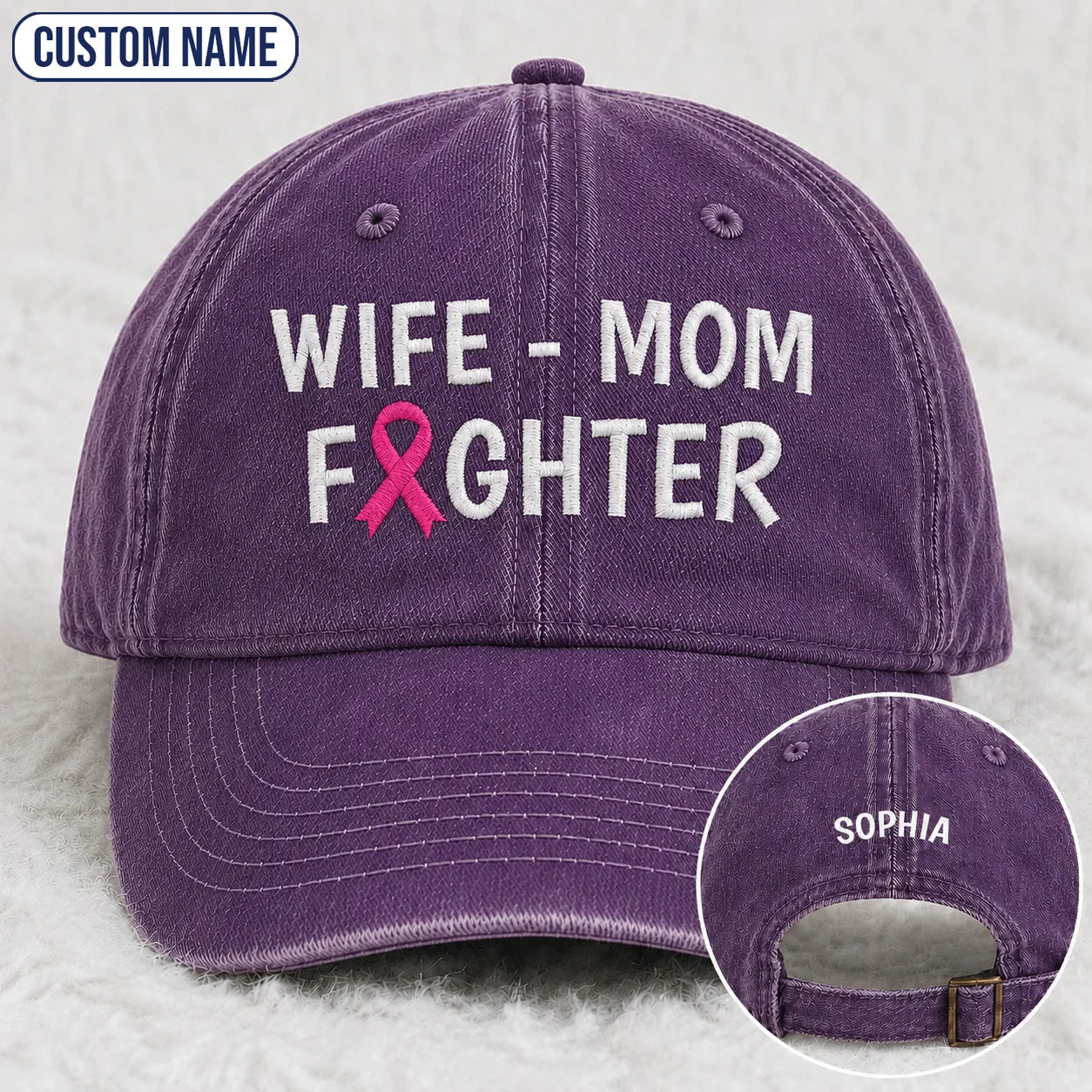 Personalized Wife Mom Fighter Pink Ribbon Embroidered Washed Cap, Awareness Gift
