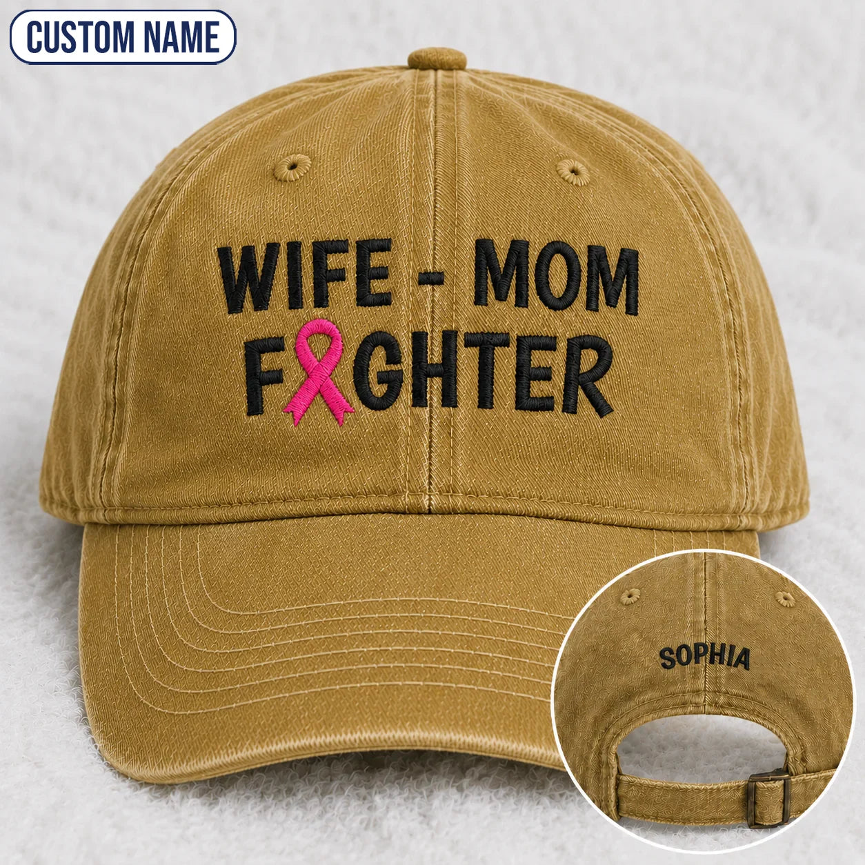 Personalized Wife Mom Fighter Pink Ribbon Embroidered Washed Cap, Awareness Gift