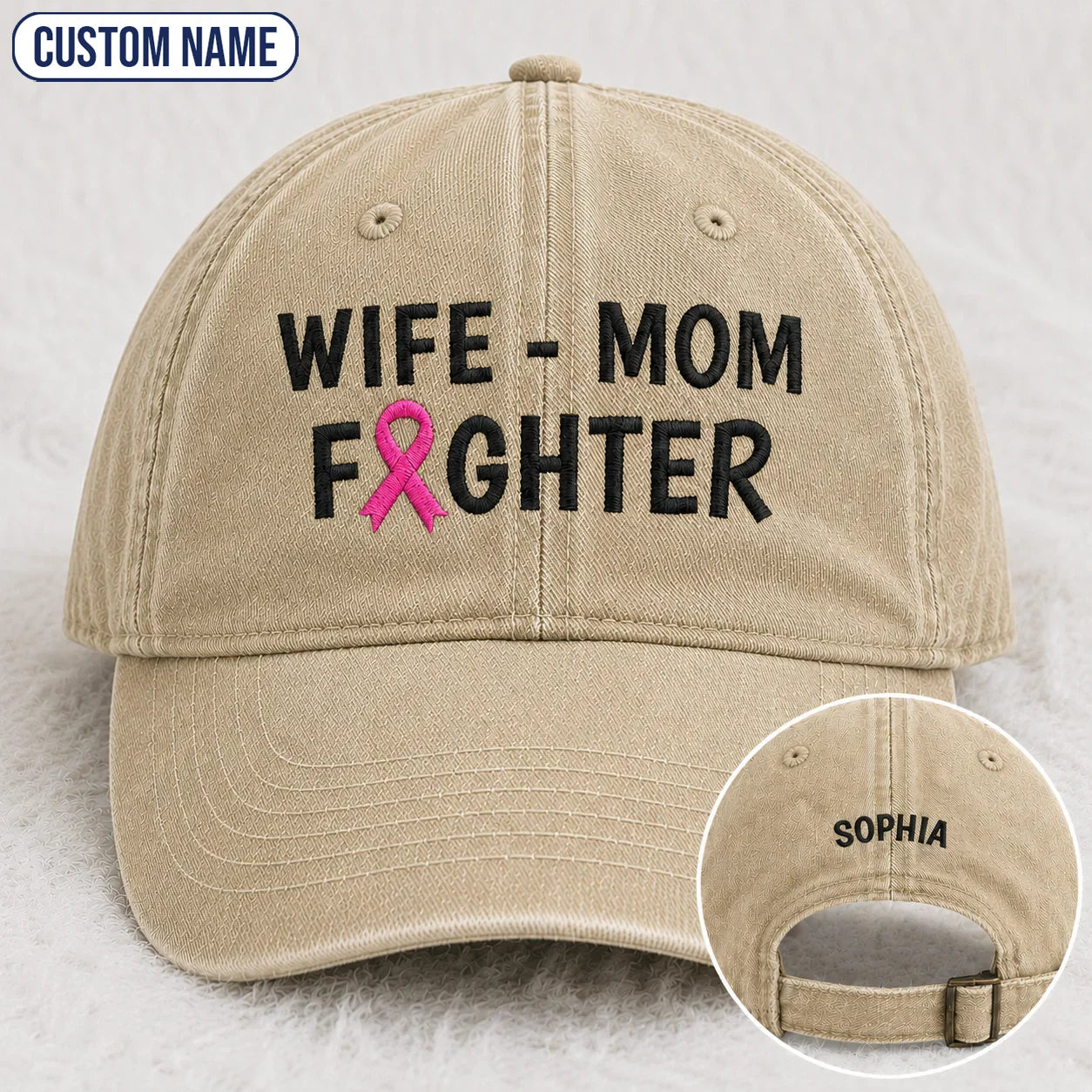 Personalized Wife Mom Fighter Pink Ribbon Embroidered Washed Cap, Awareness Gift