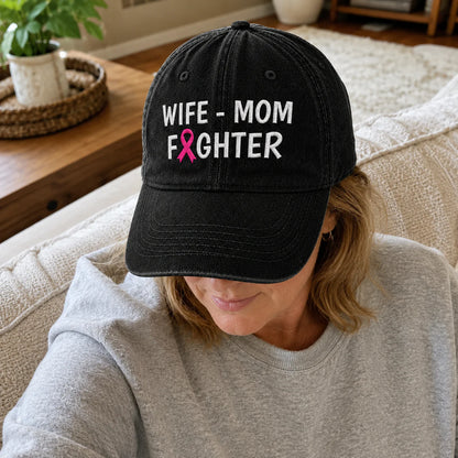 Personalized Wife Mom Fighter Pink Ribbon Embroidered Washed Cap, Awareness Gift