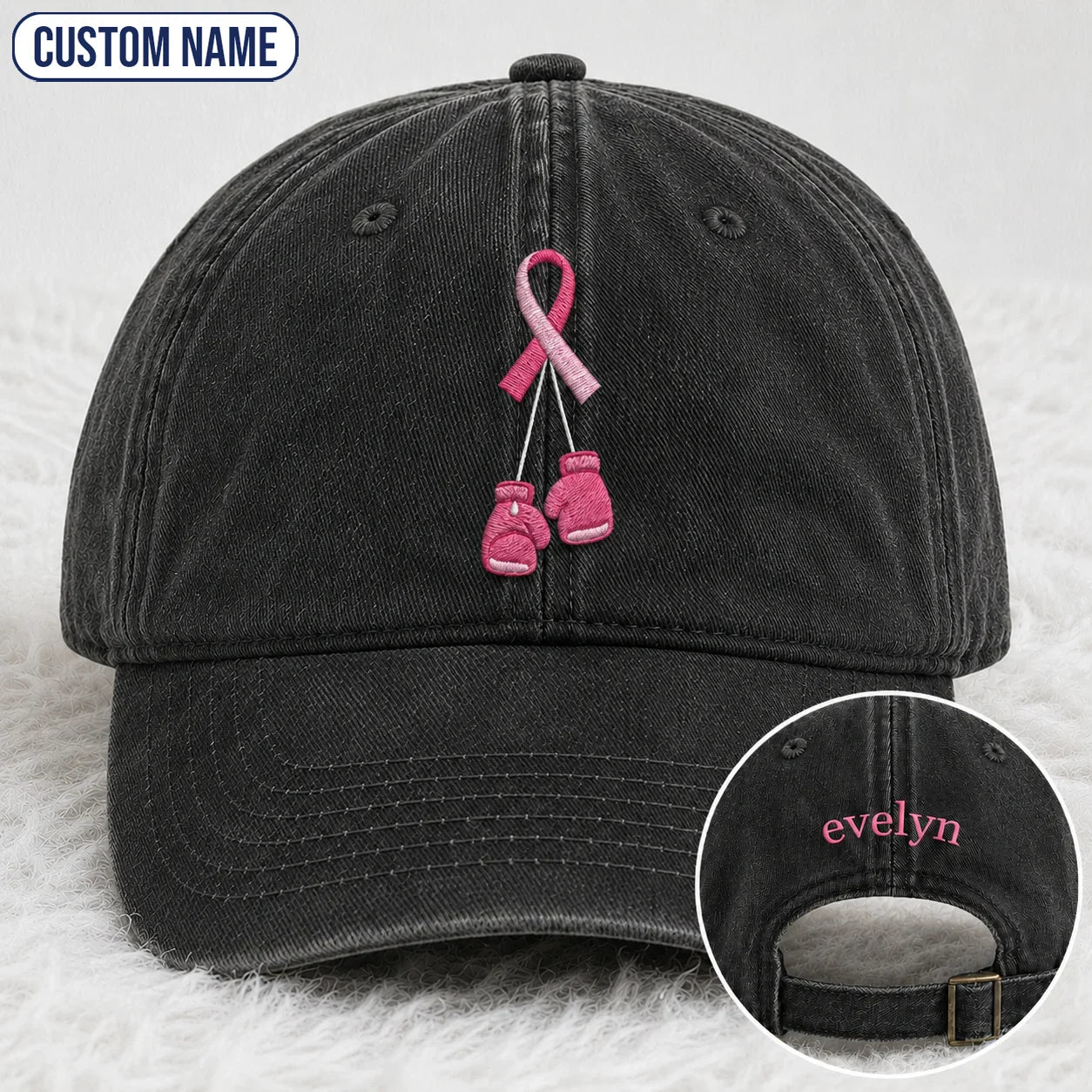 Personalized Pink Ribbon Boxing Gloves Embroidered Washed Cap, Awareness Gift