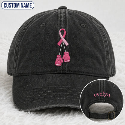 Personalized Pink Ribbon Boxing Gloves Embroidered Washed Cap, Awareness Gift