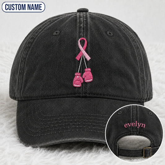 Personalized Pink Ribbon Boxing Gloves Embroidered Washed Cap, Awareness Gift