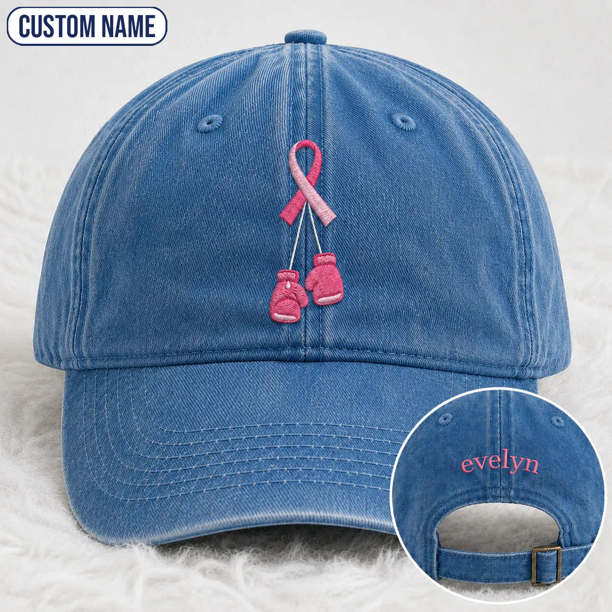 Personalized Pink Ribbon Boxing Gloves Embroidered Washed Cap, Awareness Gift