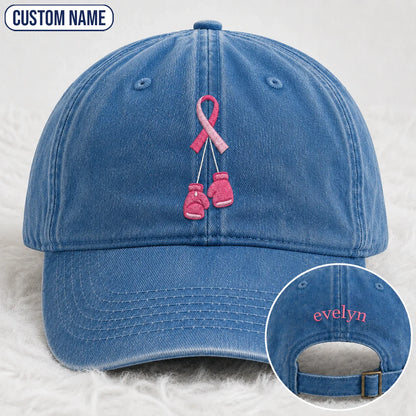 Personalized Pink Ribbon Boxing Gloves Embroidered Washed Cap, Awareness Gift