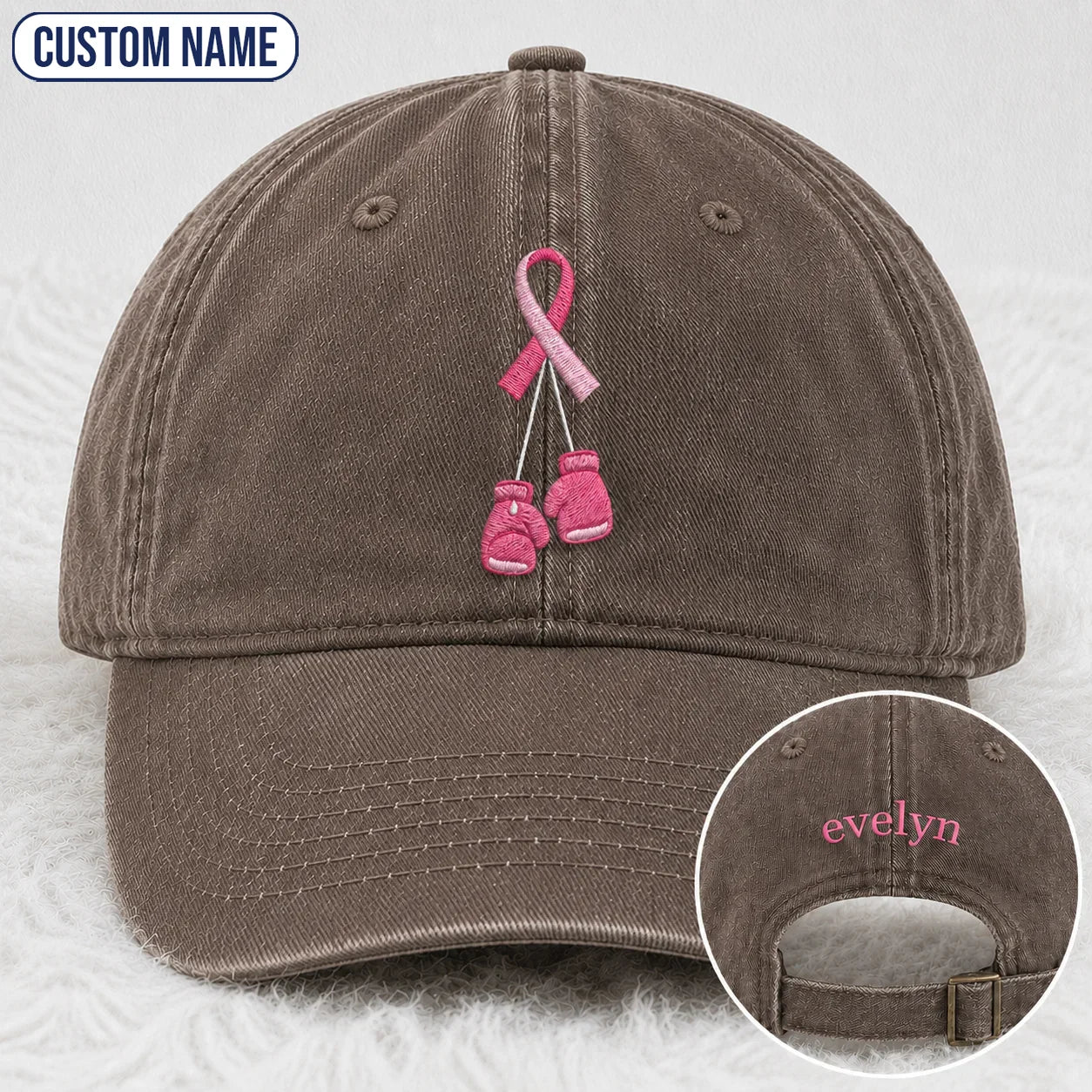 Personalized Pink Ribbon Boxing Gloves Embroidered Washed Cap, Awareness Gift