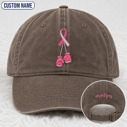 Personalized Pink Ribbon Boxing Gloves Embroidered Washed Cap, Awareness Gift