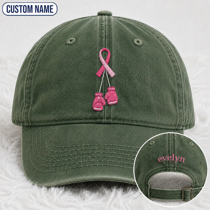 Personalized Pink Ribbon Boxing Gloves Embroidered Washed Cap, Awareness Gift