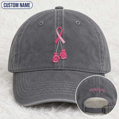 Personalized Pink Ribbon Boxing Gloves Embroidered Washed Cap, Awareness Gift