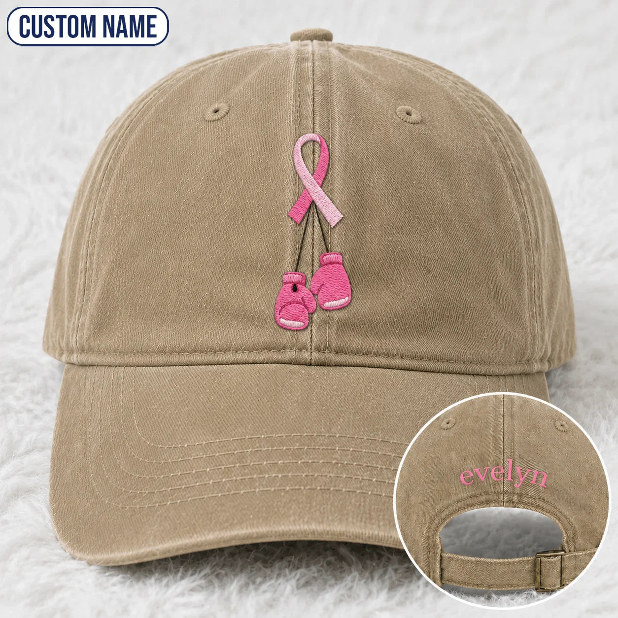 Personalized Pink Ribbon Boxing Gloves Embroidered Washed Cap, Awareness Gift