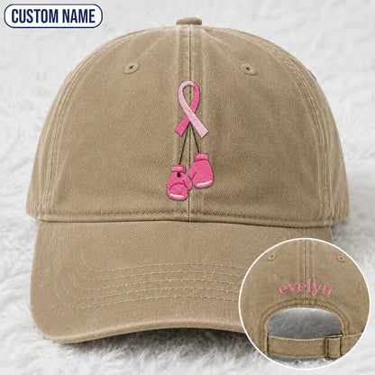 Personalized Pink Ribbon Boxing Gloves Embroidered Washed Cap, Awareness Gift