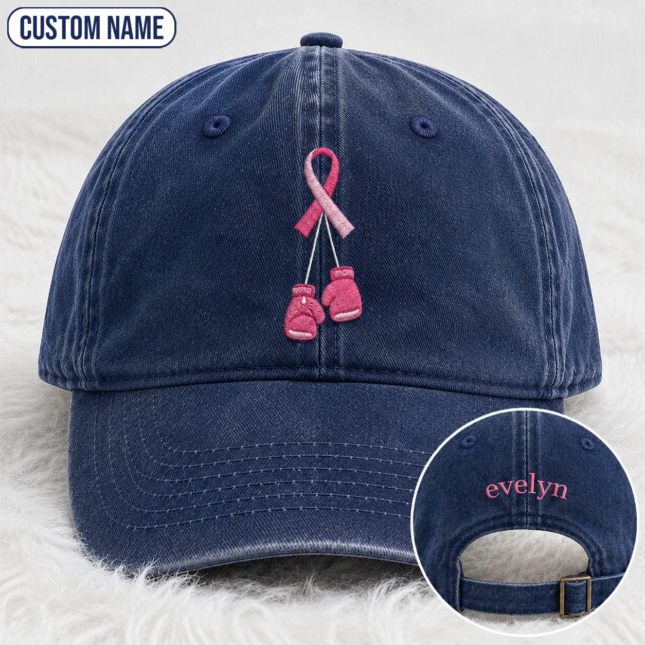 Personalized Pink Ribbon Boxing Gloves Embroidered Washed Cap, Awareness Gift