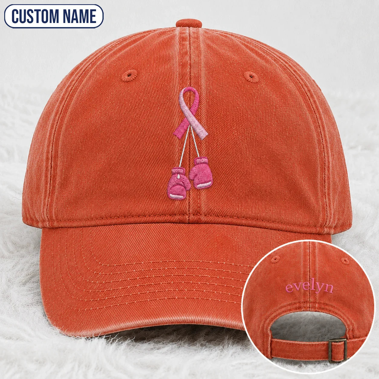 Personalized Pink Ribbon Boxing Gloves Embroidered Washed Cap, Awareness Gift