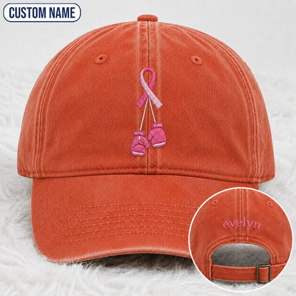 Personalized Pink Ribbon Boxing Gloves Embroidered Washed Cap, Awareness Gift