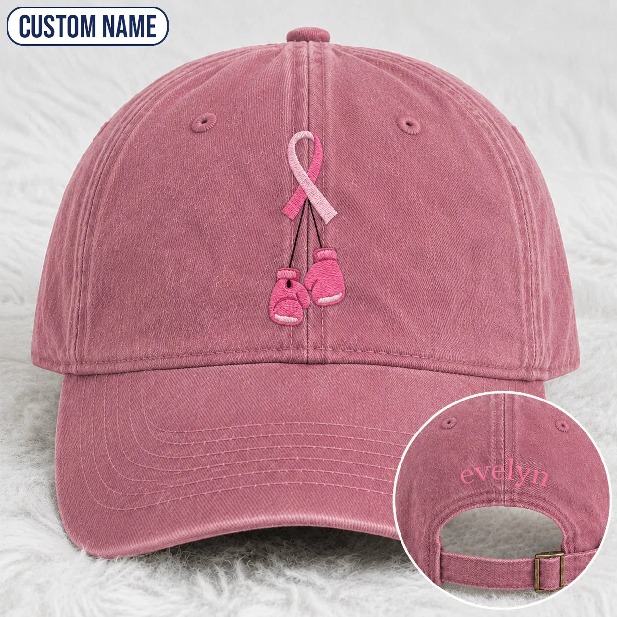 Personalized Pink Ribbon Boxing Gloves Embroidered Washed Cap, Awareness Gift