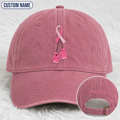 Personalized Pink Ribbon Boxing Gloves Embroidered Washed Cap, Awareness Gift