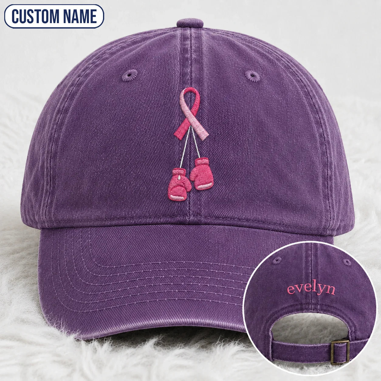 Personalized Pink Ribbon Boxing Gloves Embroidered Washed Cap, Awareness Gift