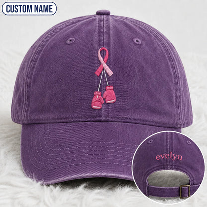 Personalized Pink Ribbon Boxing Gloves Embroidered Washed Cap, Awareness Gift