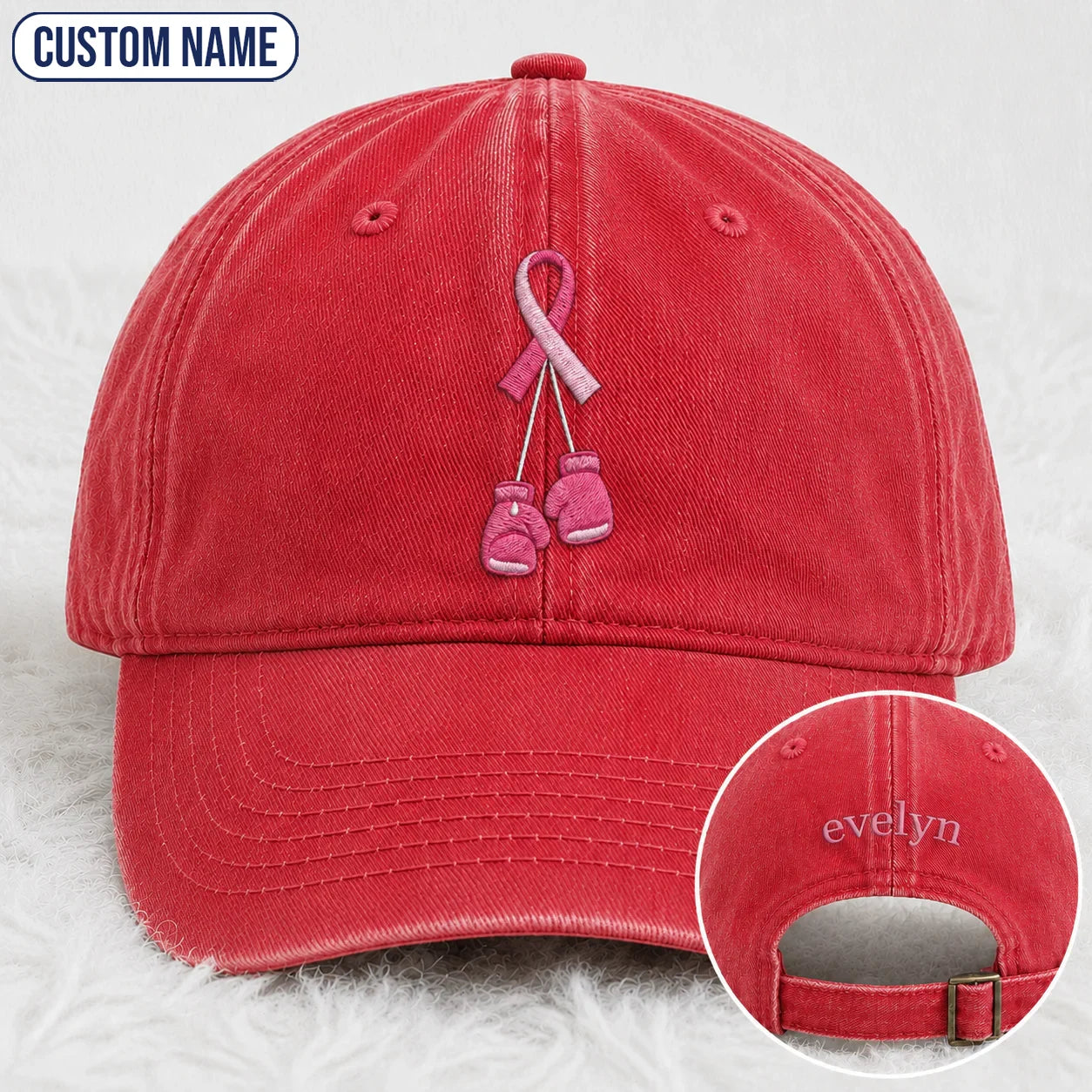 Personalized Pink Ribbon Boxing Gloves Embroidered Washed Cap, Awareness Gift