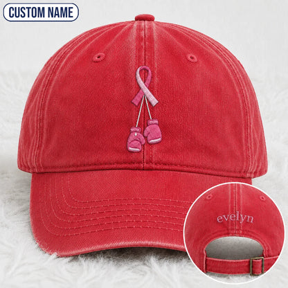 Personalized Pink Ribbon Boxing Gloves Embroidered Washed Cap, Awareness Gift