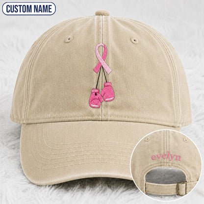 Personalized Pink Ribbon Boxing Gloves Embroidered Washed Cap, Awareness Gift