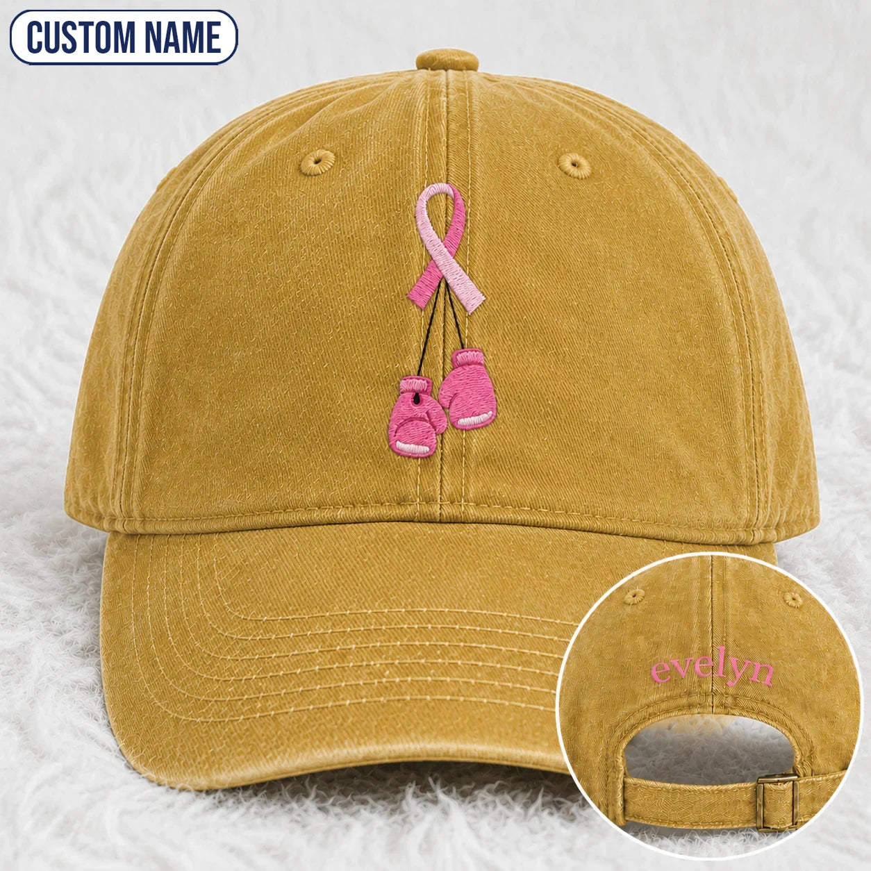 Personalized Pink Ribbon Boxing Gloves Embroidered Washed Cap, Awareness Gift