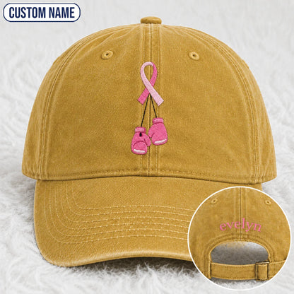 Personalized Pink Ribbon Boxing Gloves Embroidered Washed Cap, Awareness Gift