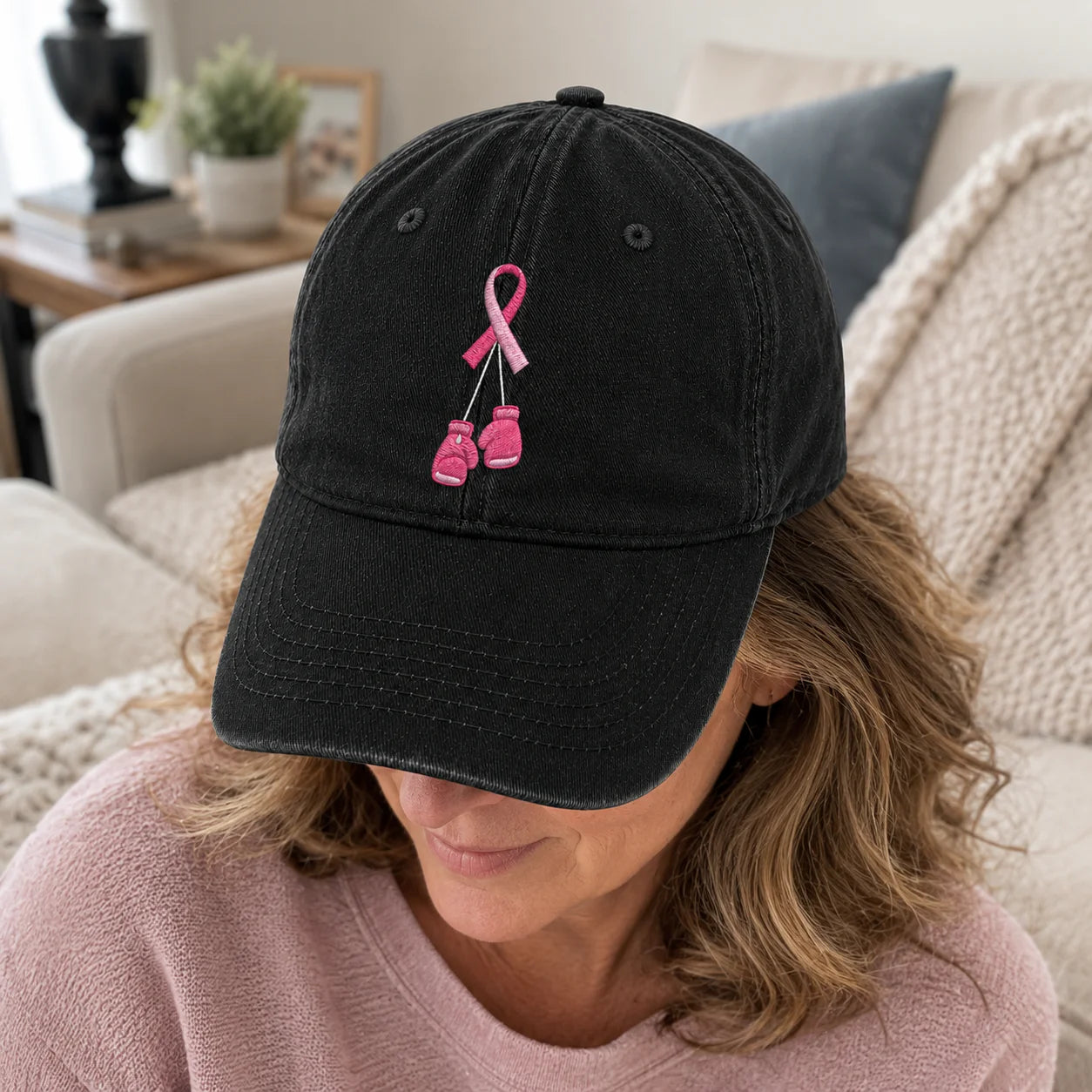 Personalized Pink Ribbon Boxing Gloves Embroidered Washed Cap, Awareness Gift