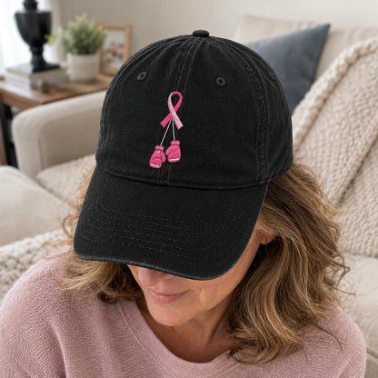 Personalized Pink Ribbon Boxing Gloves Embroidered Washed Cap, Awareness Gift