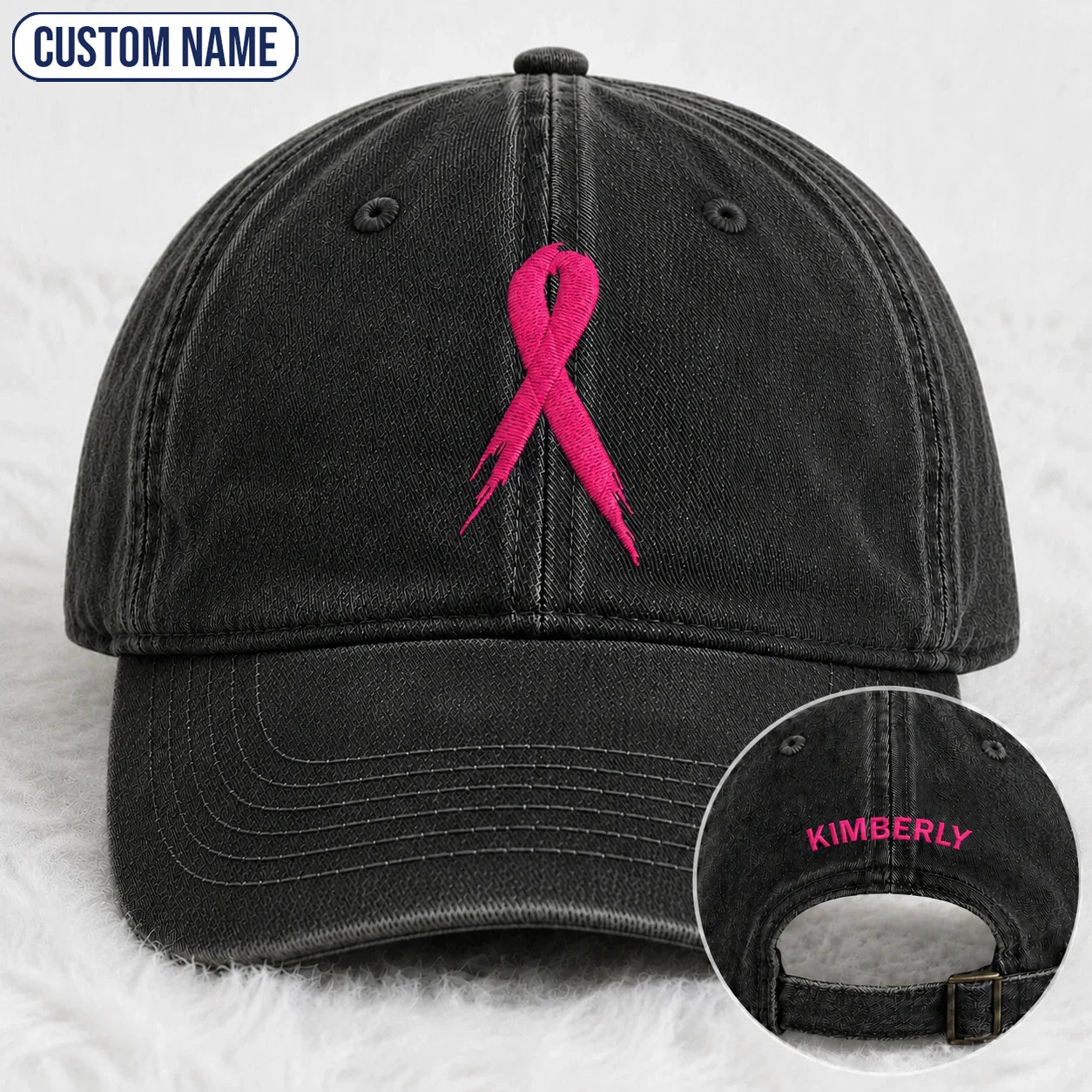 Personalized Pink Ribbon Embroidered Washed Cap, Awareness Gift