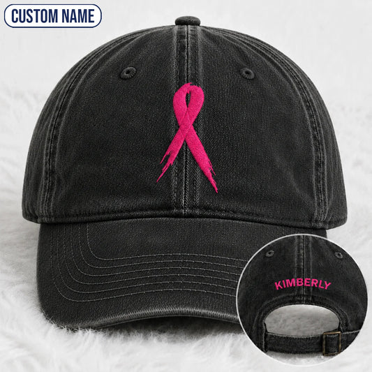 Personalized Pink Ribbon Embroidered Washed Cap, Awareness Gift
