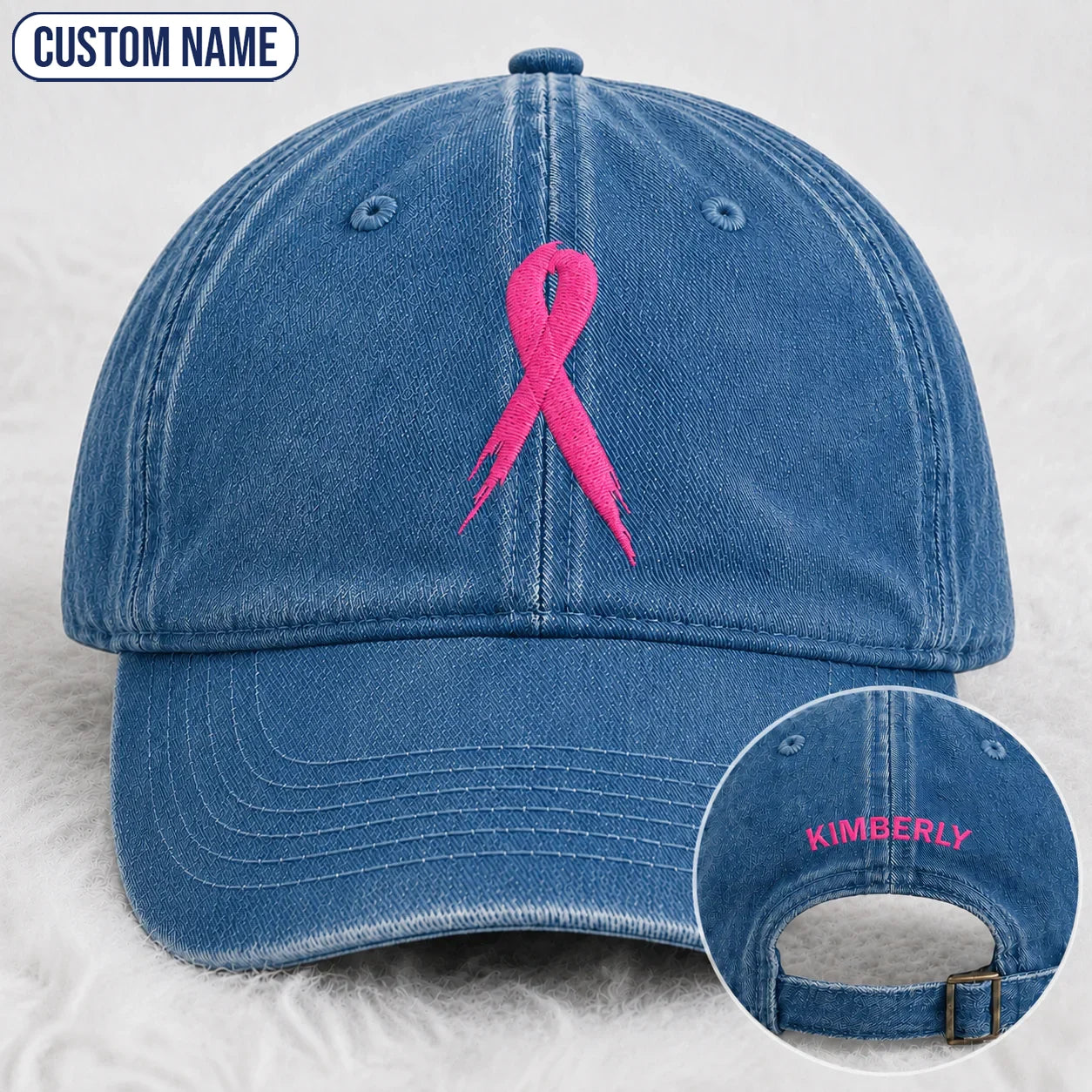 Personalized Pink Ribbon Embroidered Washed Cap, Awareness Gift