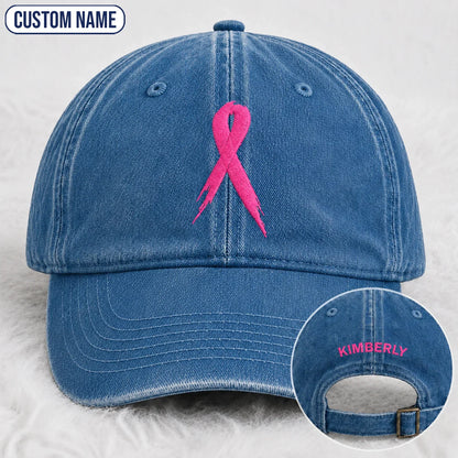 Personalized Pink Ribbon Embroidered Washed Cap, Awareness Gift