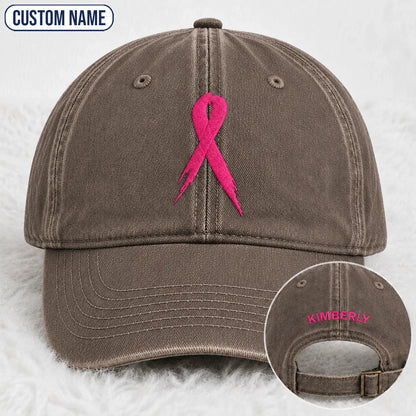 Personalized Pink Ribbon Embroidered Washed Cap, Awareness Gift