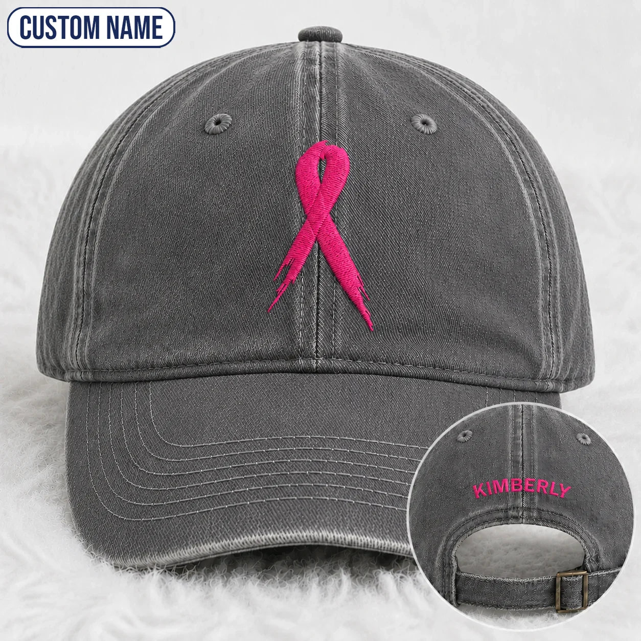 Personalized Pink Ribbon Embroidered Washed Cap, Awareness Gift