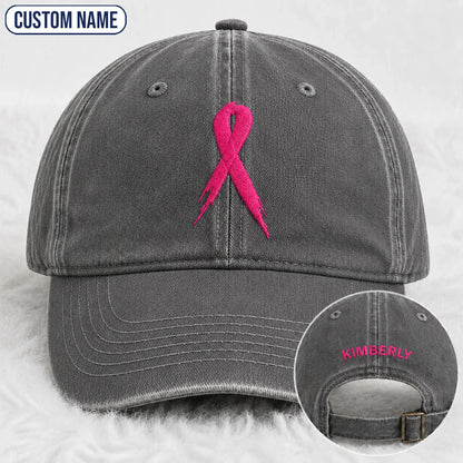 Personalized Pink Ribbon Embroidered Washed Cap, Awareness Gift