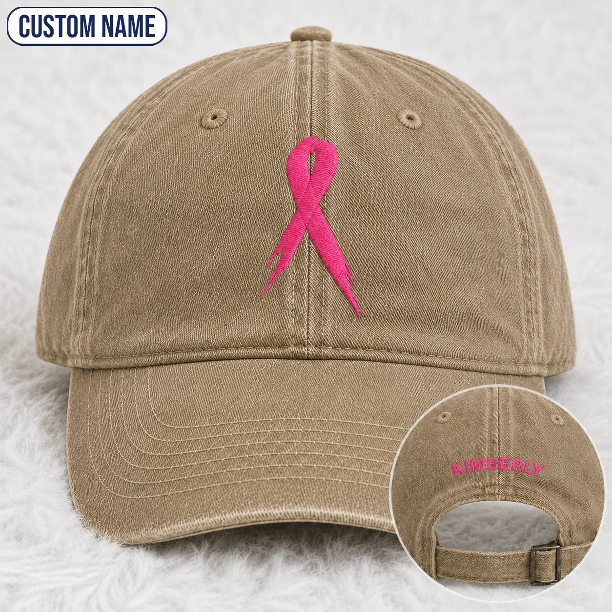 Personalized Pink Ribbon Embroidered Washed Cap, Awareness Gift