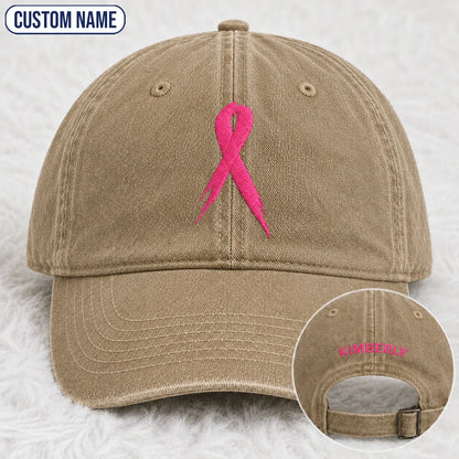Personalized Pink Ribbon Embroidered Washed Cap, Awareness Gift