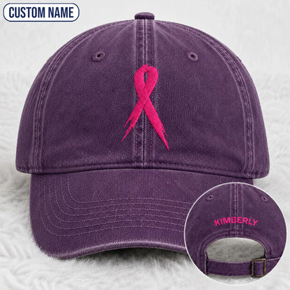 Personalized Pink Ribbon Embroidered Washed Cap, Awareness Gift