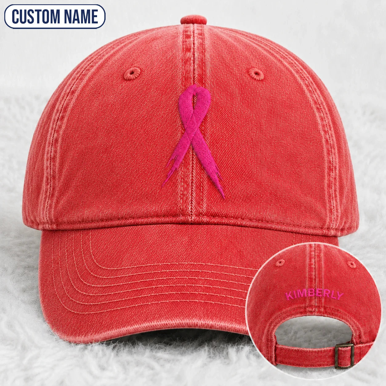 Personalized Pink Ribbon Embroidered Washed Cap, Awareness Gift